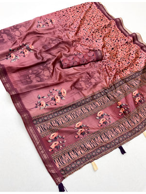 Peachmode Pink Botanical Floral Printed Art Silk Saree - Image 2