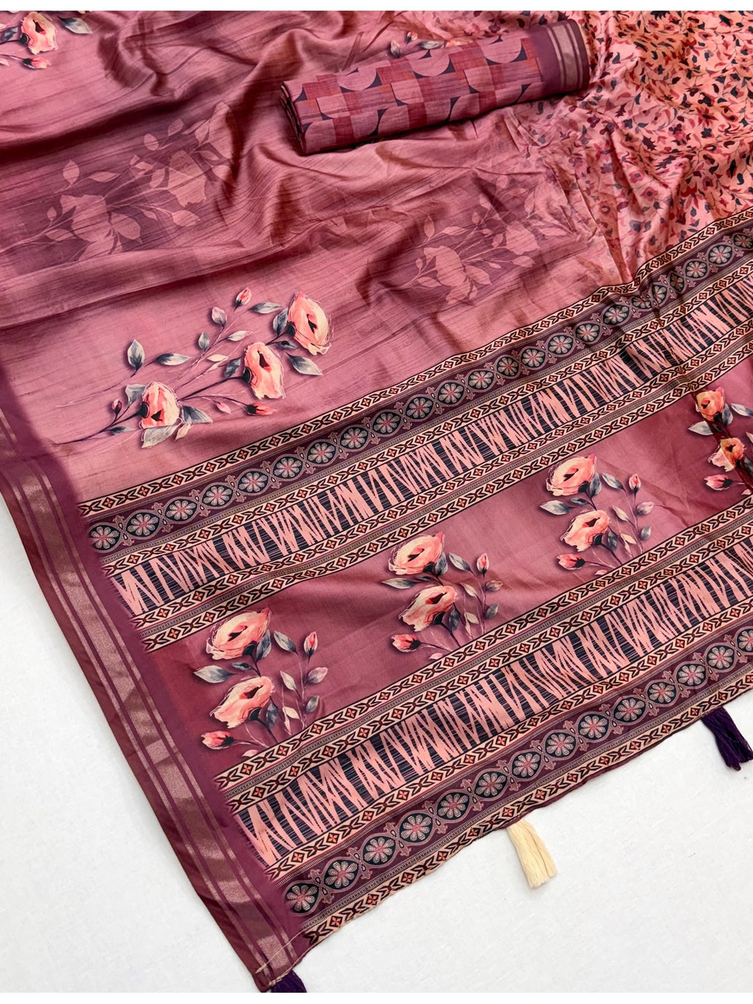 Peachmode Pink Botanical Floral Printed Art Silk Saree - Image 4
