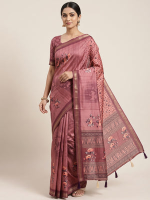Peachmode Pink Botanical Floral Printed Art Silk Saree - Image 1