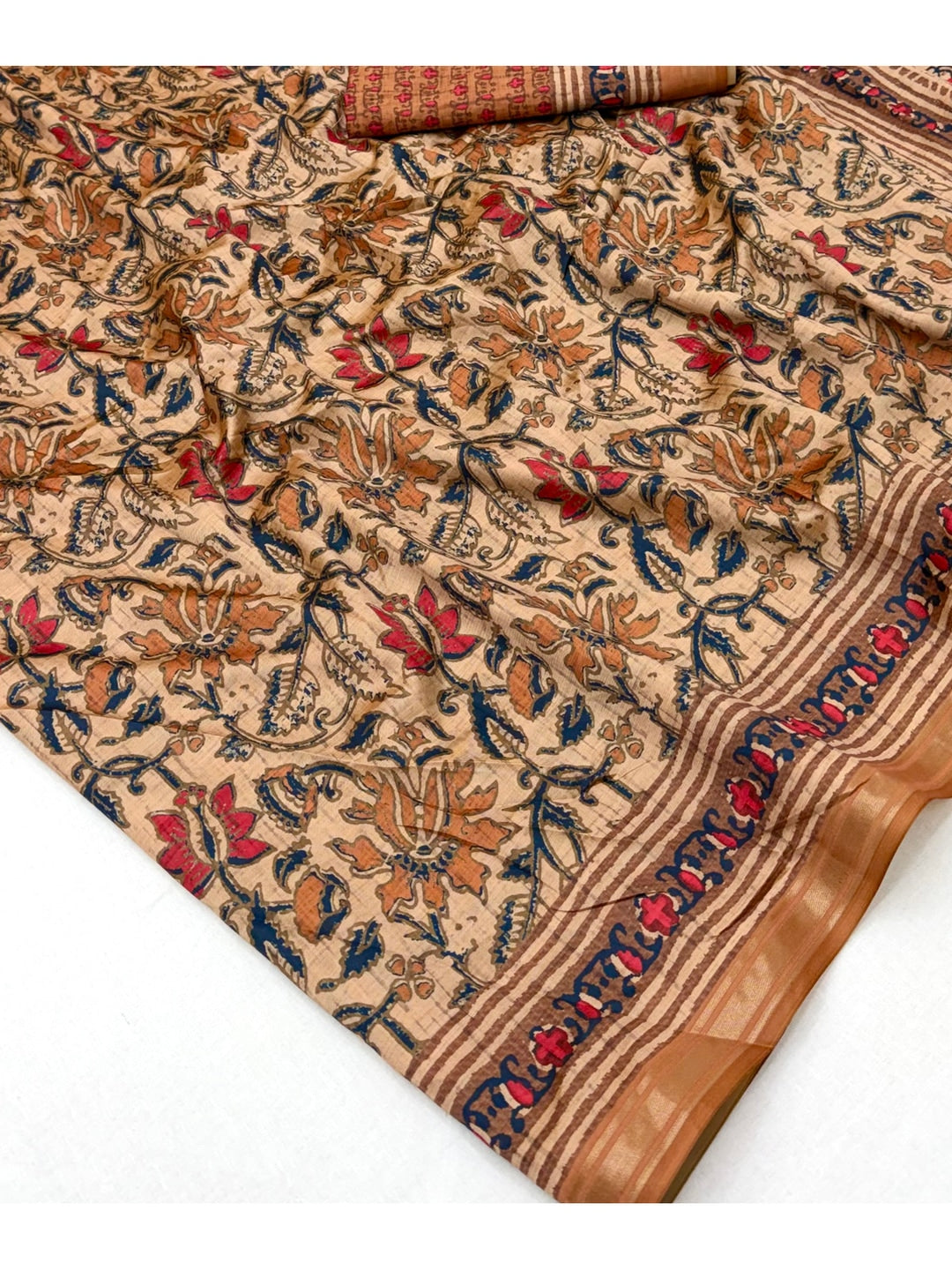 Peachmode Beige Kalamkari Floral Printed Art Silk Saree - Image 5