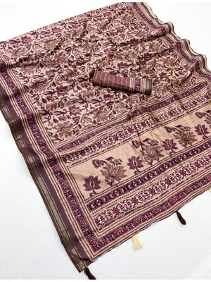 Peachmode Mauve Kalamkari Floral Printed Art Silk Saree - Image 2