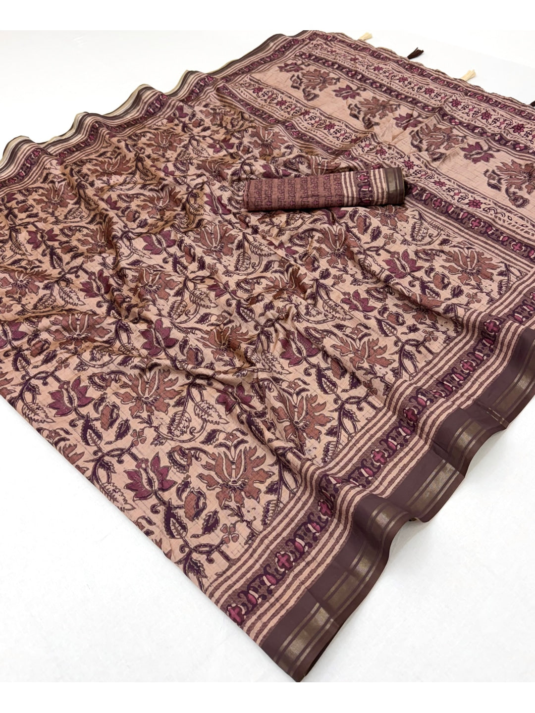 Peachmode Mauve Kalamkari Floral Printed Art Silk Saree - Image 3