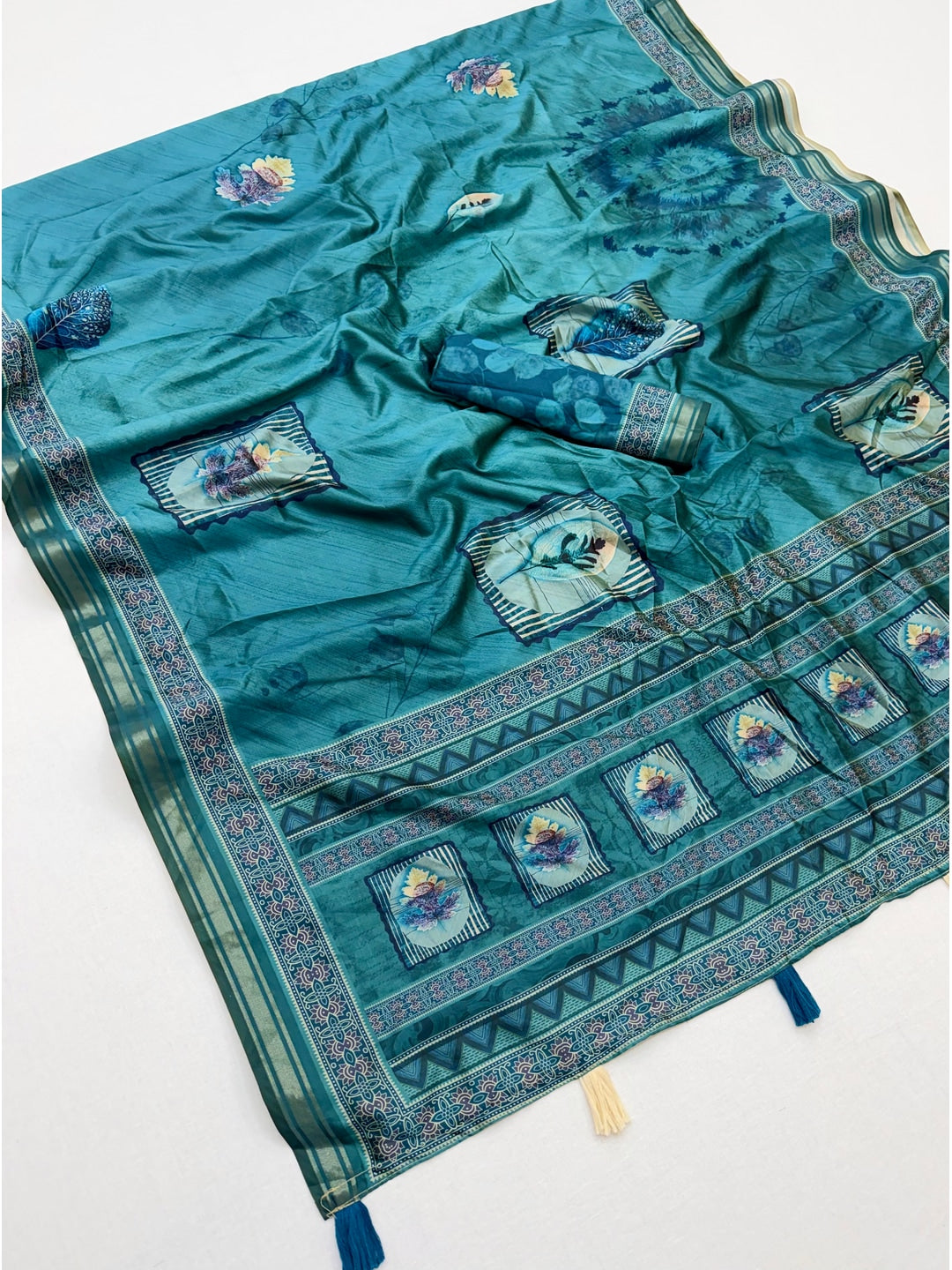 Peachmode Teal Framed Floral Printed Art Silk Saree - Image 2