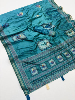 Peachmode Teal Framed Floral Printed Art Silk Saree - Image 2