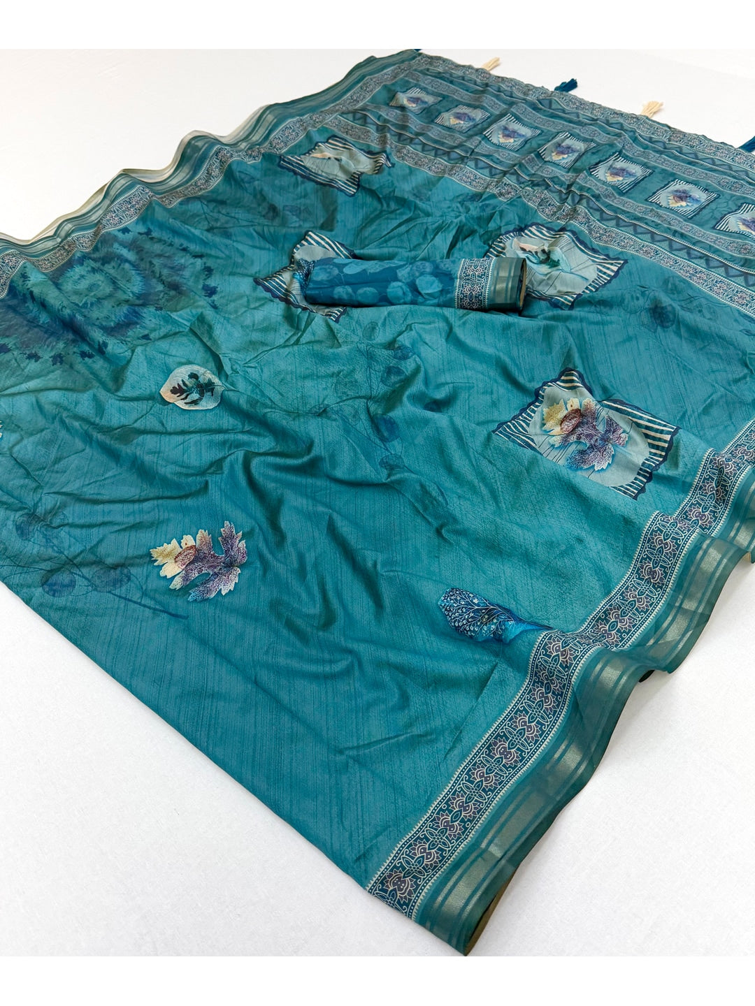 Peachmode Teal Framed Floral Printed Art Silk Saree - Image 3