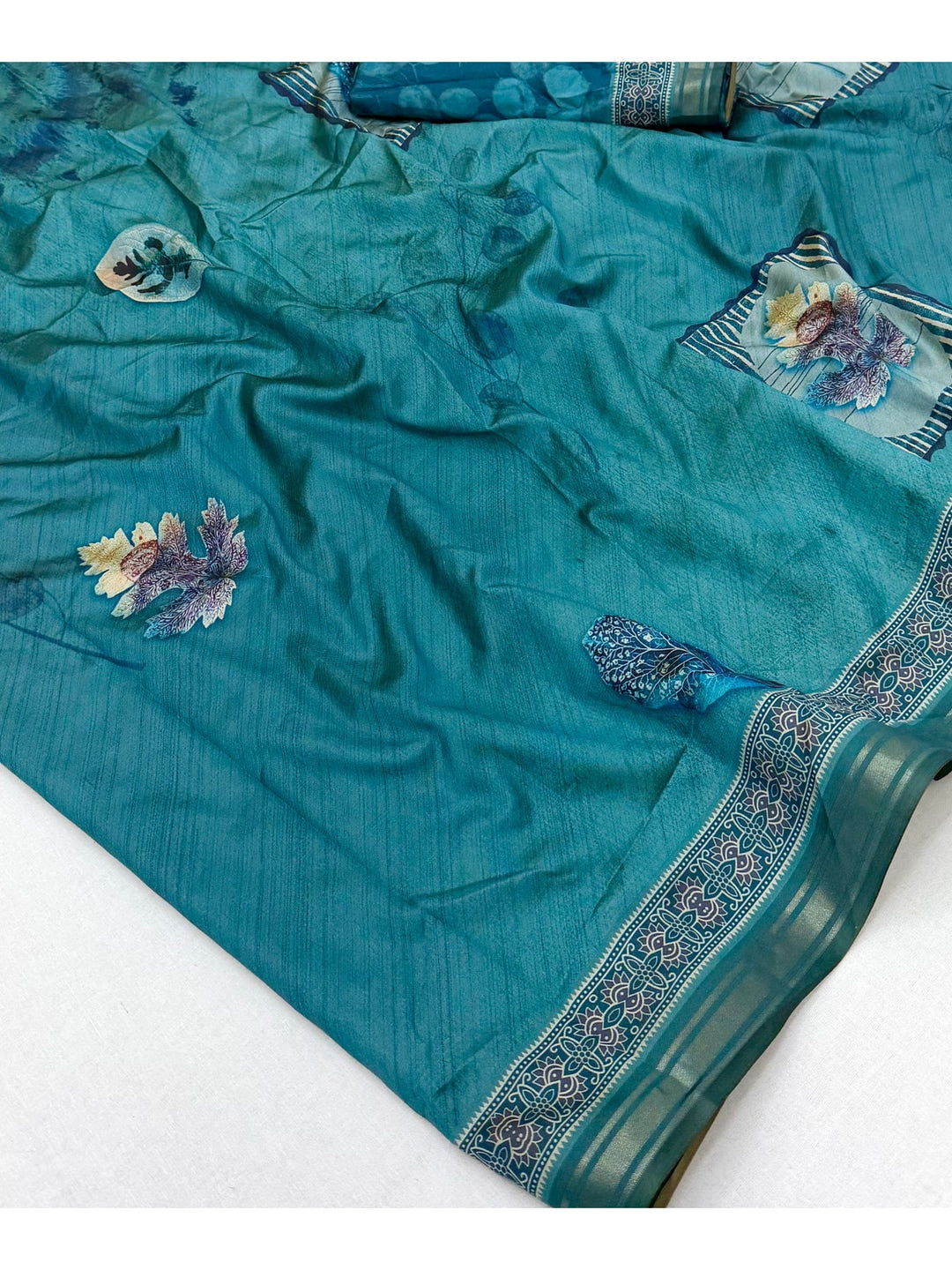Peachmode Teal Framed Floral Printed Art Silk Saree - Image 5