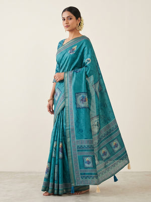 Peachmode Teal Framed Floral Printed Art Silk Saree - Image 1