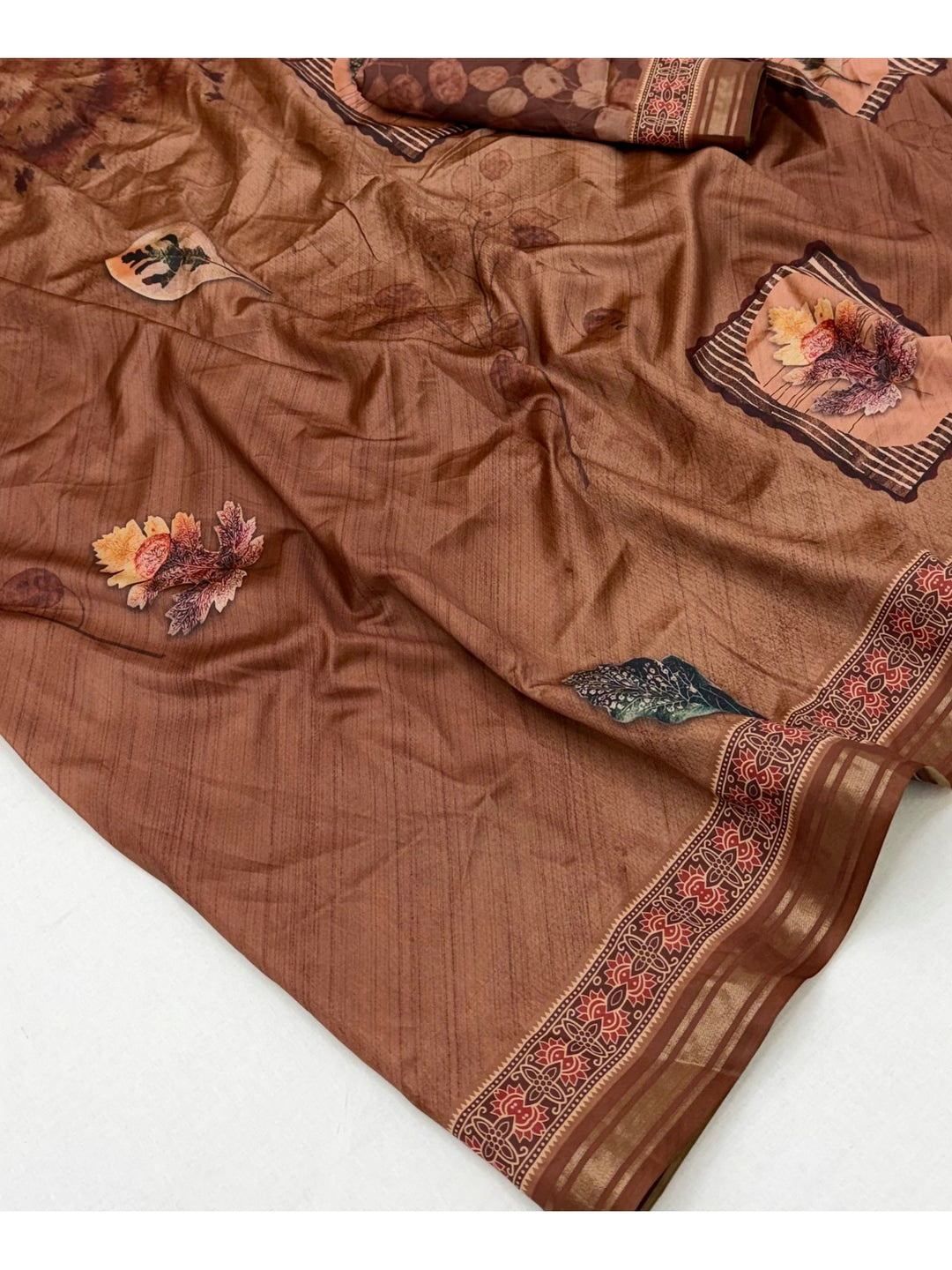Peachmode Brown Framed Floral Printed Art Silk Saree - Image 5