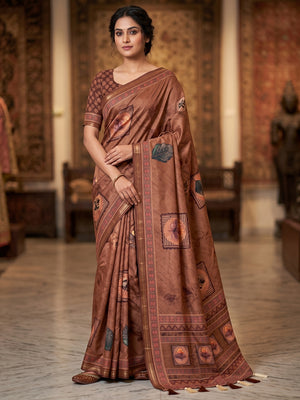 Peachmode Brown Framed Floral Printed Art Silk Saree - Image 1