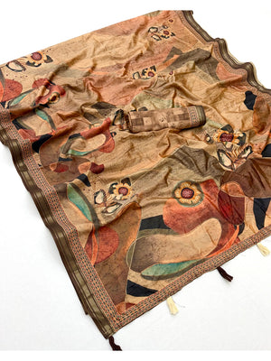 Peachmode Beige Abstract Floral Printed Art Silk Saree - Image 2