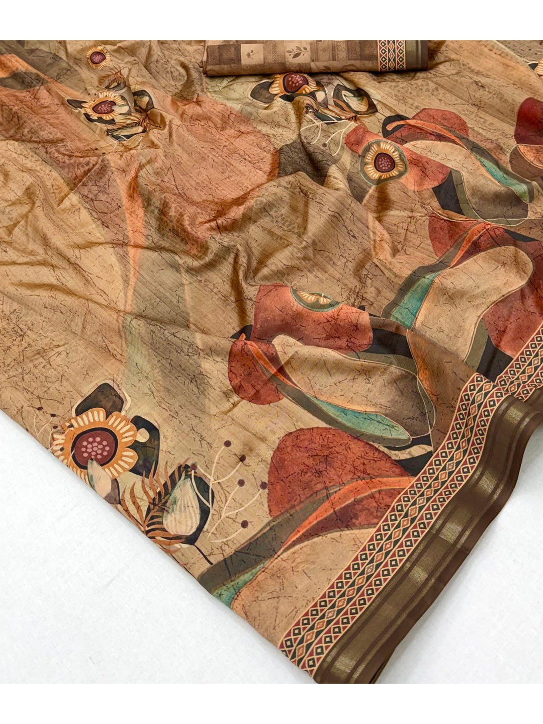 Peachmode Beige Abstract Floral Printed Art Silk Saree - Image 5