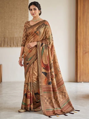 Peachmode Beige Abstract Floral Printed Art Silk Saree - Image 1