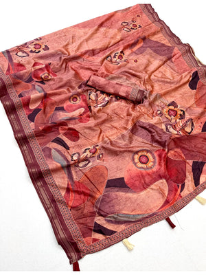 Peachmode Peach Abstract Floral Printed Art Silk Saree - Image 2