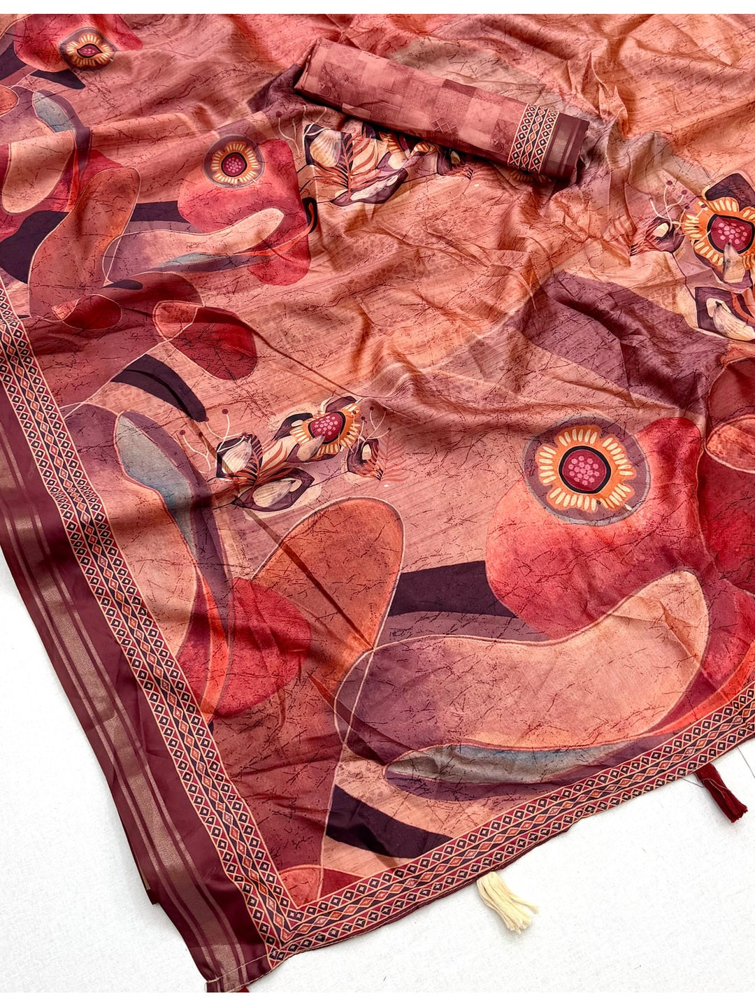 Peachmode Peach Abstract Floral Printed Art Silk Saree - Image 4