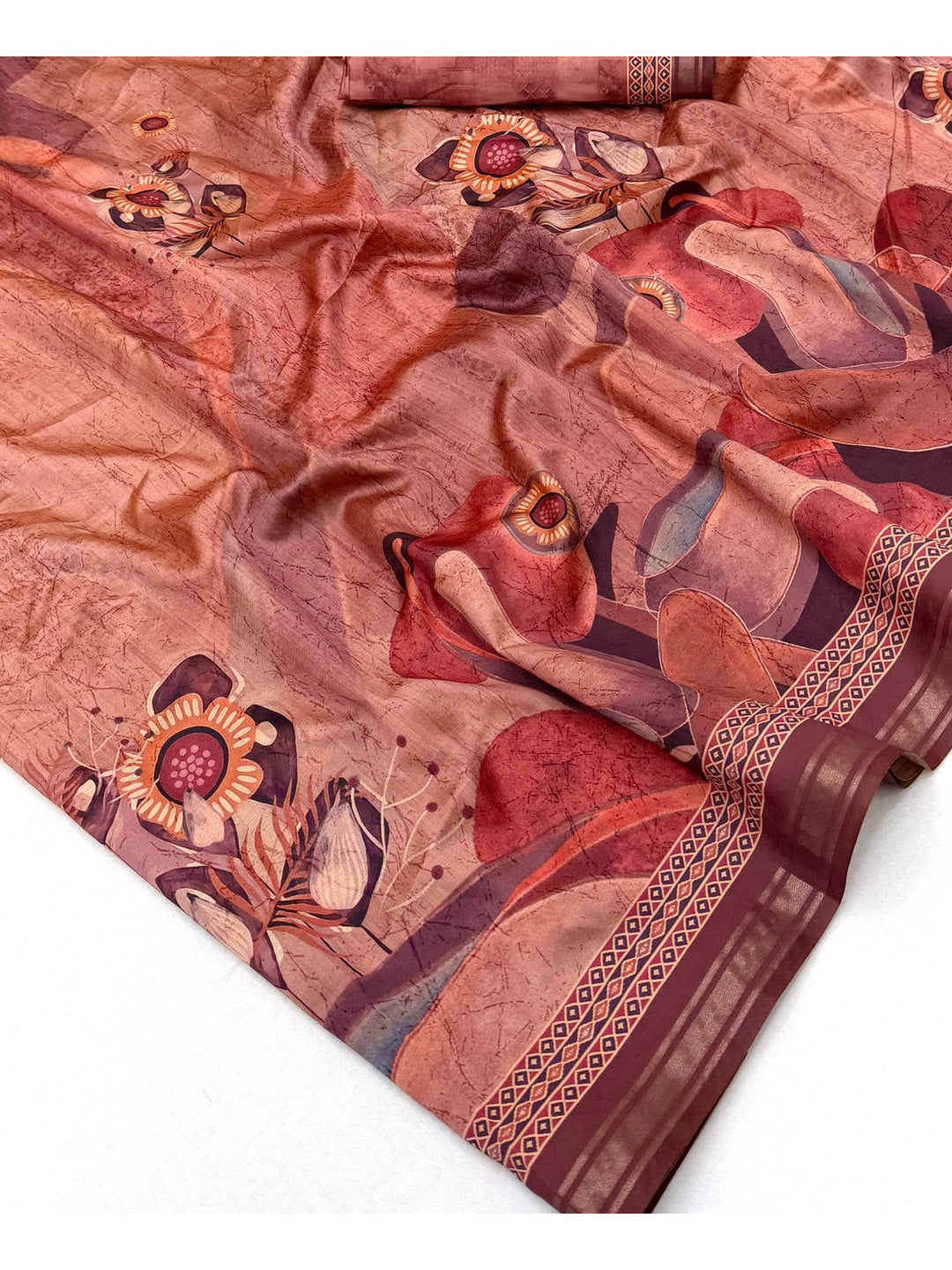 Peachmode Peach Abstract Floral Printed Art Silk Saree - Image 5