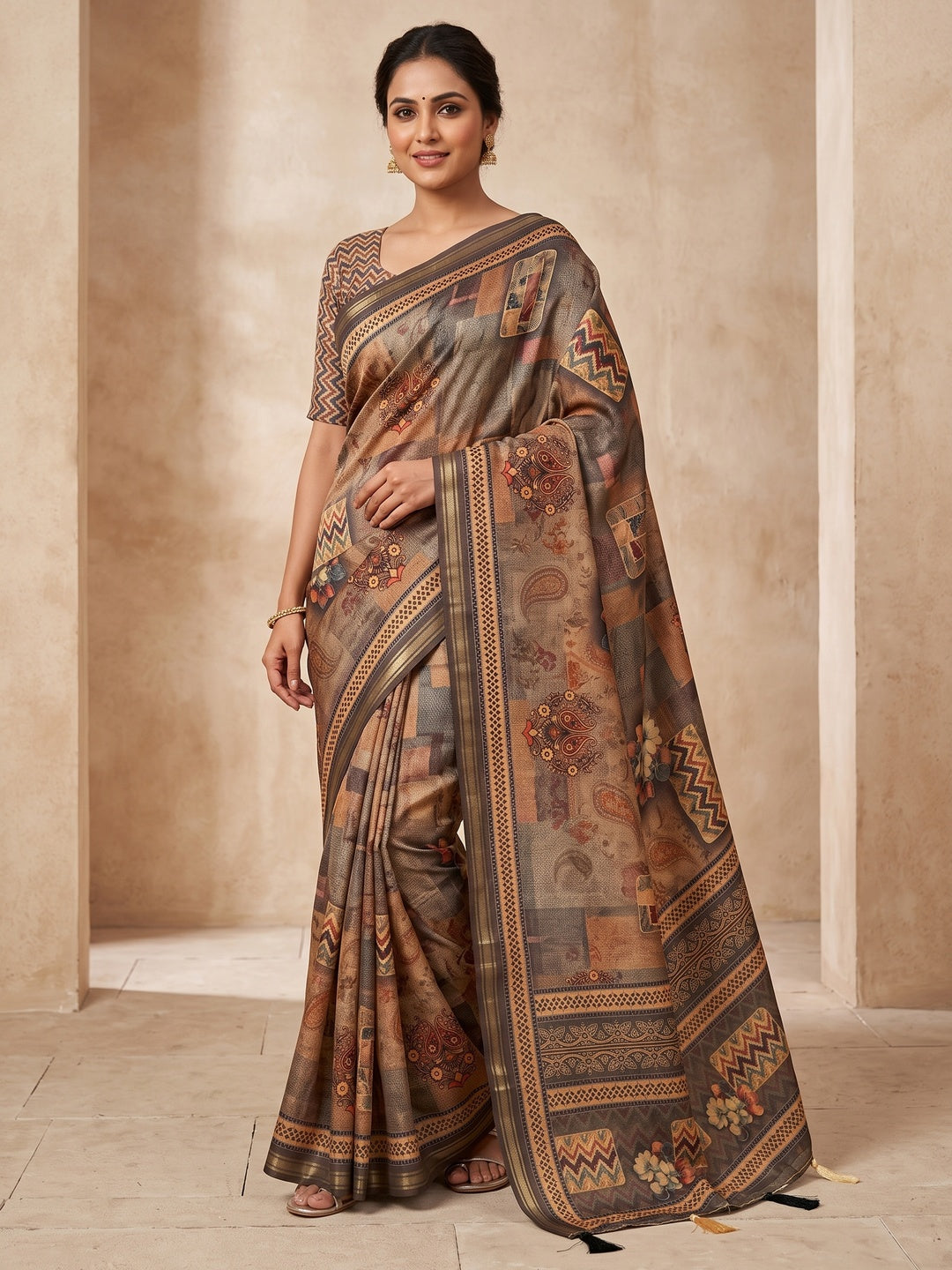 Peachmode Grey Patchwork Paisley Printed Art Silk Saree - Image 1