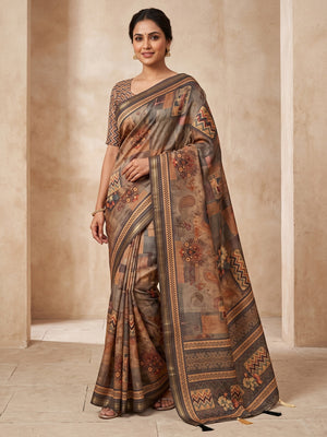 Peachmode Grey Patchwork Paisley Printed Art Silk Saree - Image 1