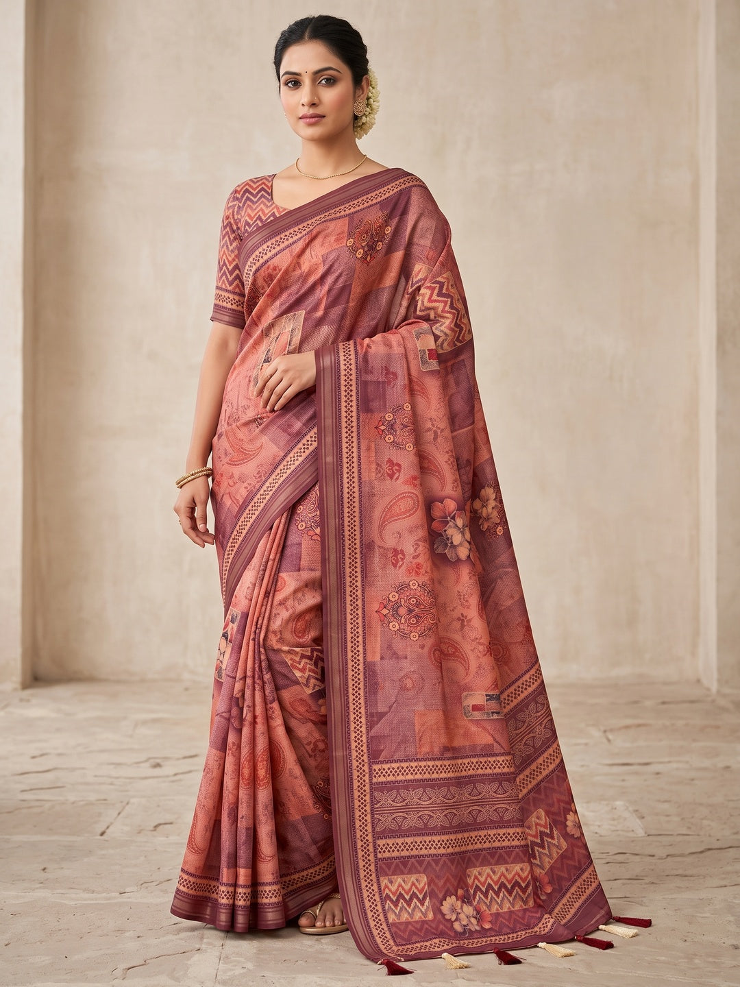 Peachmode Pink Patchwork Paisley Printed Art Silk Saree - Image 1