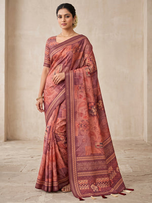 Peachmode Pink Patchwork Paisley Printed Art Silk Saree - Image 1