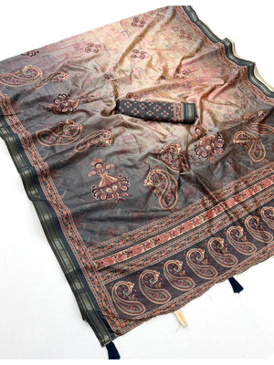 Peachmode Grey Paisley Floral Printed Art Silk Saree - Image 2