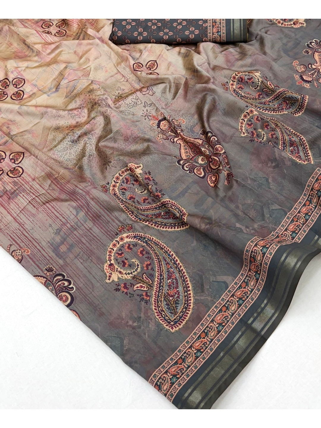 Peachmode Grey Paisley Floral Printed Art Silk Saree - Image 5