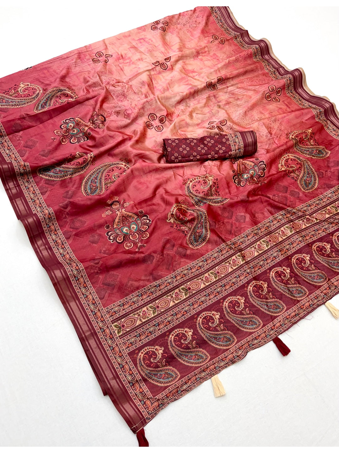 Peachmode Red Paisley Floral Printed Art Silk Saree - Image 2