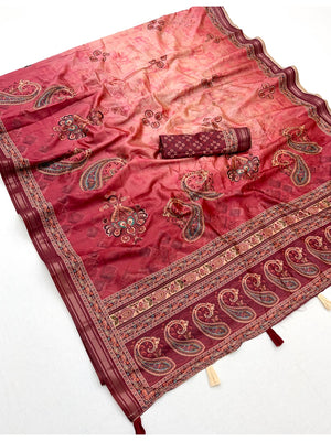 Peachmode Red Paisley Floral Printed Art Silk Saree - Image 2