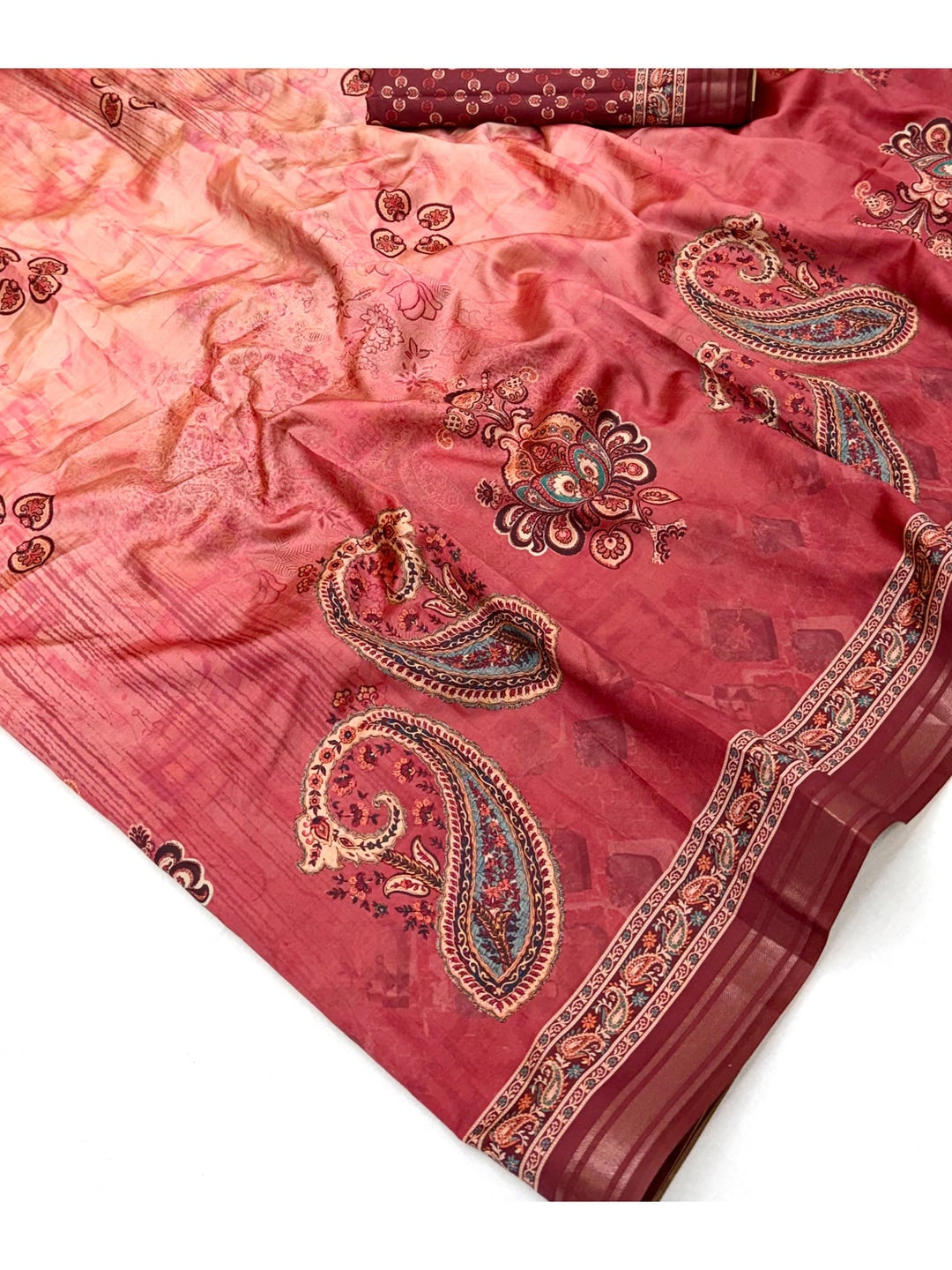 Peachmode Red Paisley Floral Printed Art Silk Saree - Image 5