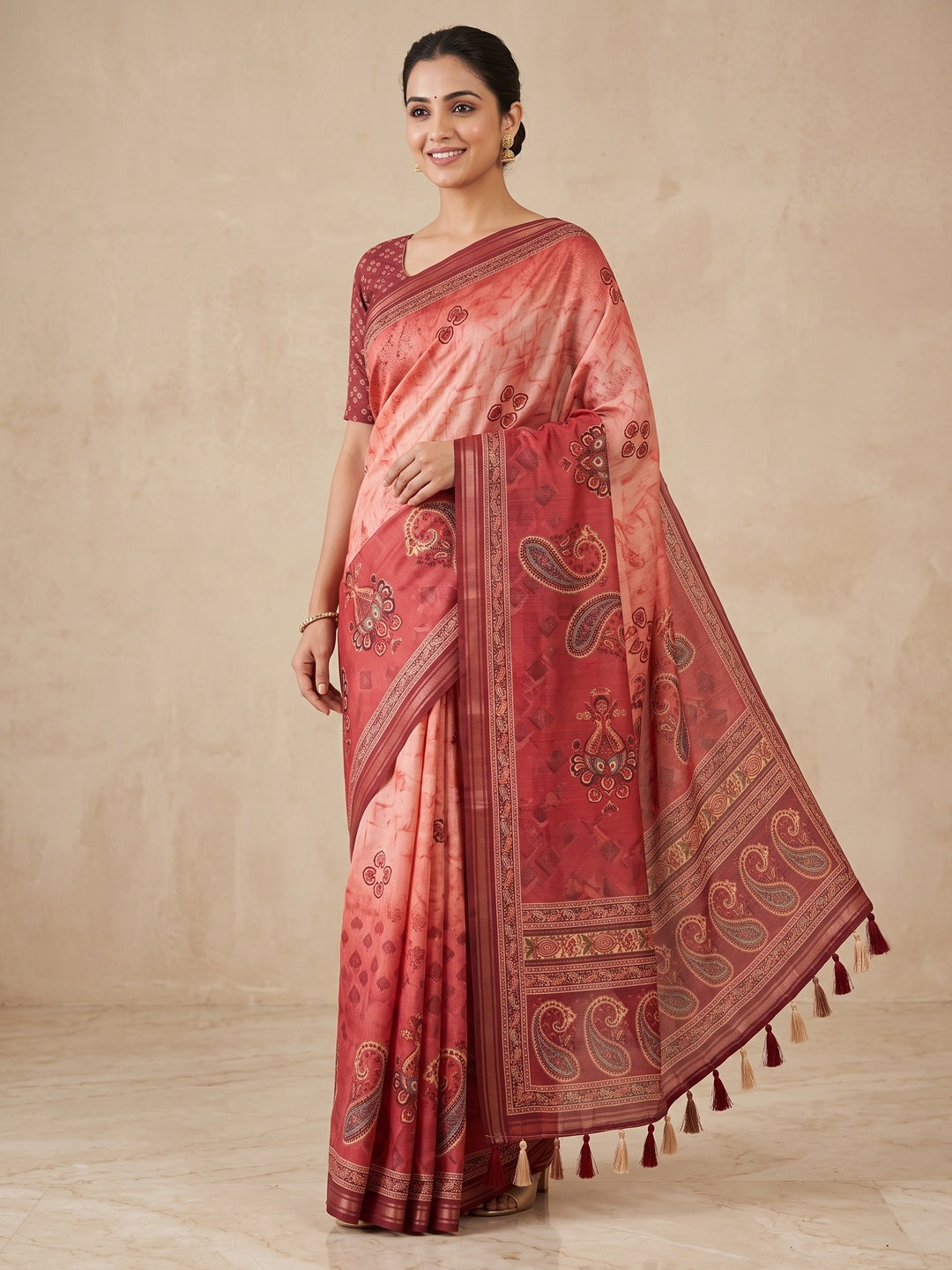 Peachmode Red Paisley Floral Printed Art Silk Saree - Image 1
