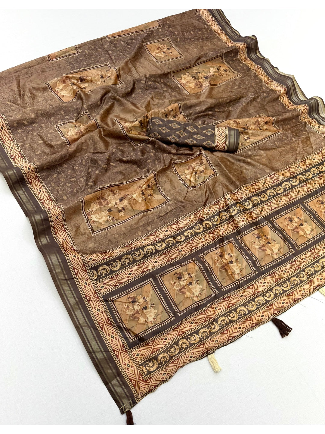 Peachmode Brown Framed Floral Printed Art Silk Saree - Image 2
