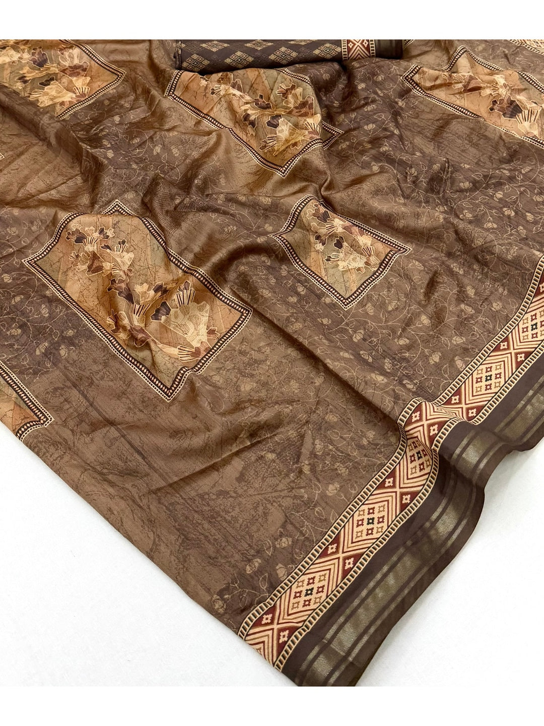Peachmode Brown Framed Floral Printed Art Silk Saree - Image 5