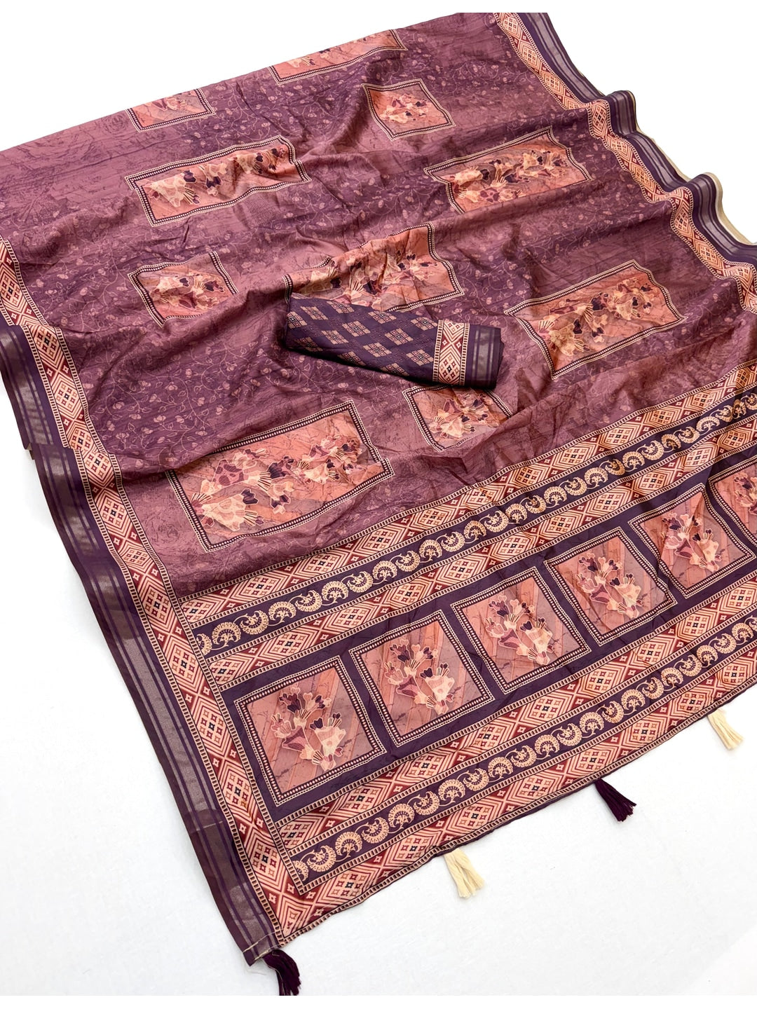 Peachmode Purple Framed Floral Printed Art Silk Saree - Image 2