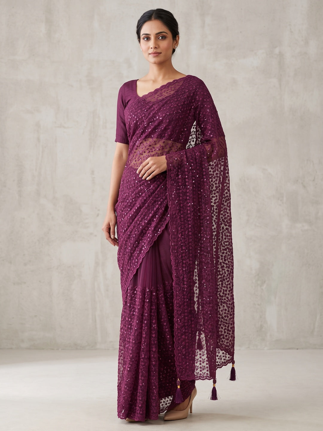 Peachmode Wine Sequin Thread Work Net Saree - Image 1
