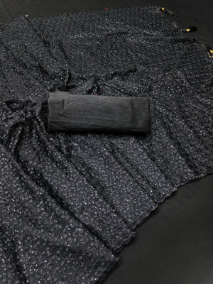 Peachmode Black Sequin Thread Work Net Saree - Image 2