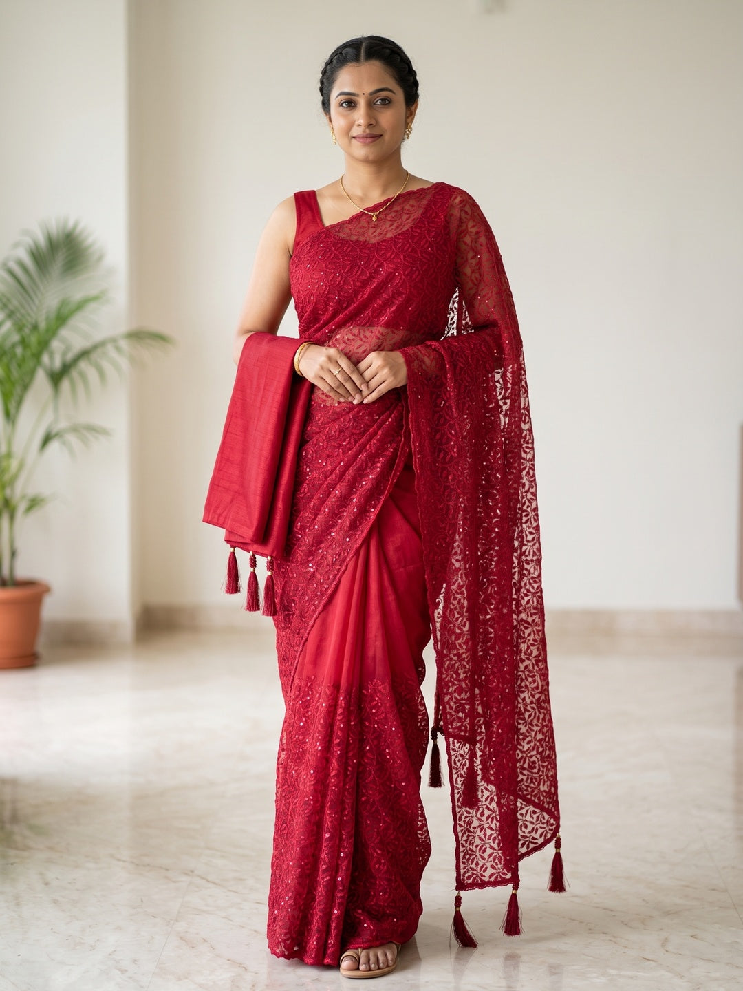 Peachmode Red Sequin Thread Work Net Saree - Image 1