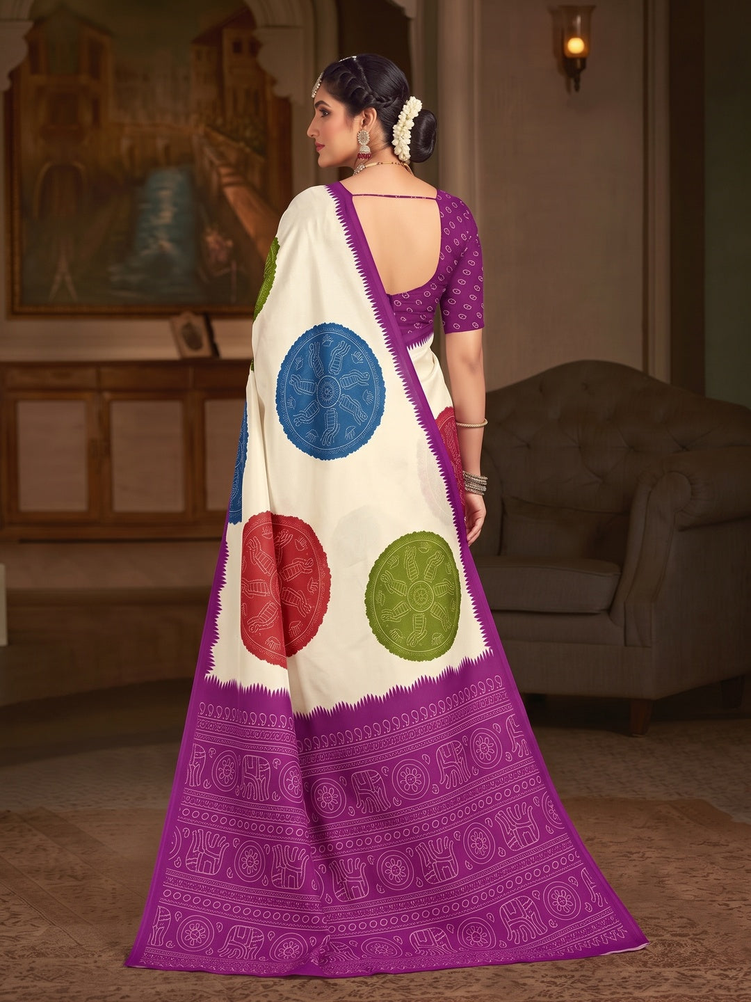 Peachmode Purple Pallu Multicolor Folk Print Silk Saree - Image 3