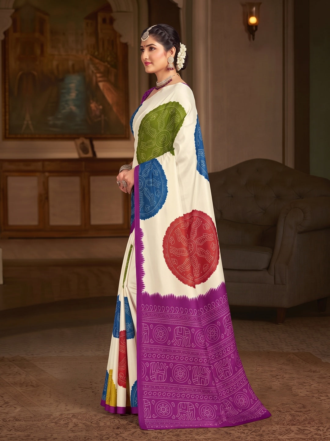 Peachmode Purple Pallu Multicolor Folk Print Silk Saree - Image 4
