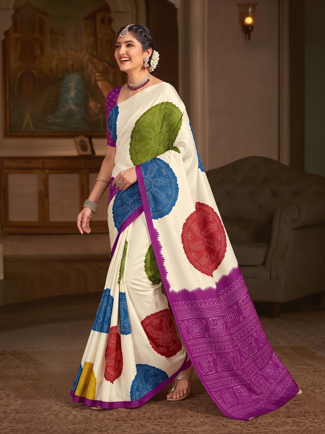 Peachmode Purple Pallu Multicolor Folk Print Silk Saree - Image 5