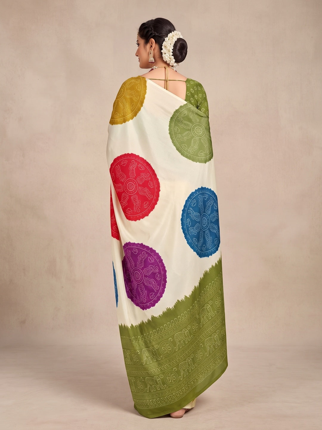 Peachmode Olive Pallu Multicolor Folk Print Silk Saree - Image 3