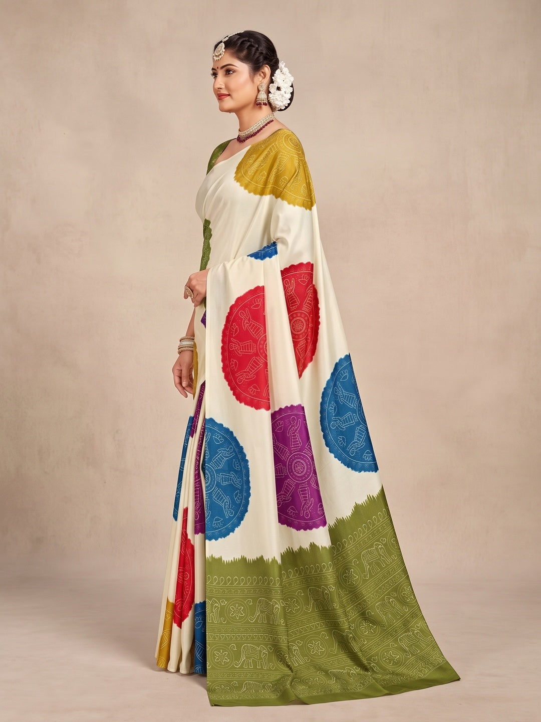 Peachmode Olive Pallu Multicolor Folk Print Silk Saree - Image 4
