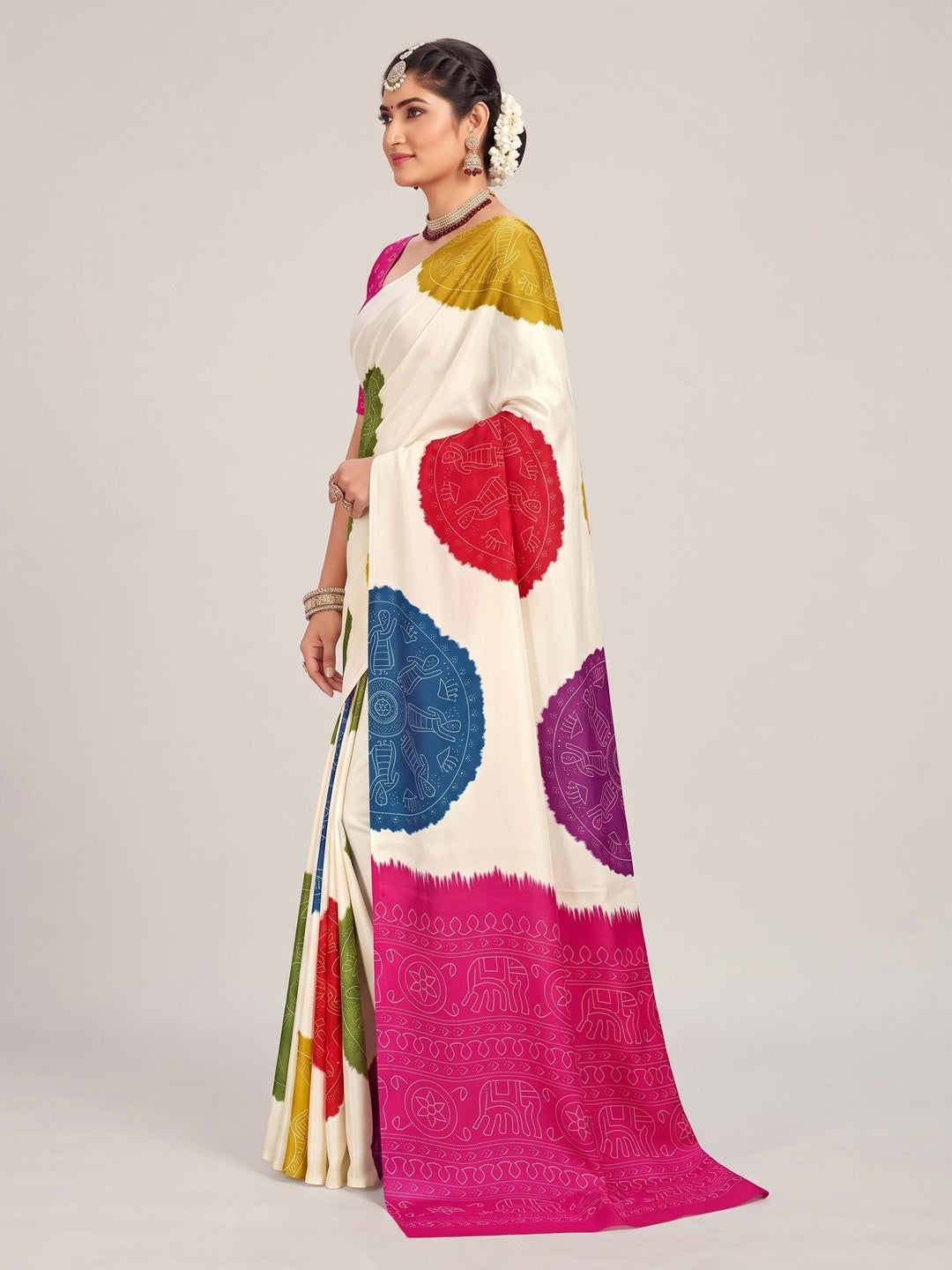 Peachmode Pink Pallu Multicolor Folk Print Silk Saree - Image 4
