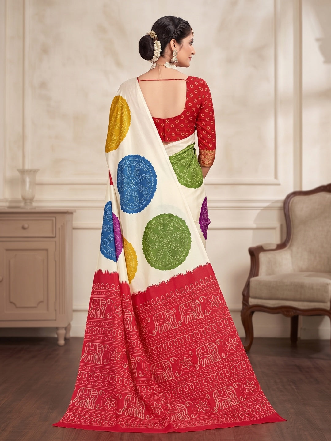 Peachmode Red Pallu Multicolor Folk Print Silk Saree - Image 3
