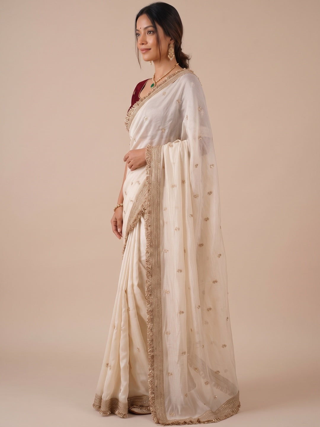 Peachmode Ivory Gold Buti Embellished Satin Saree - Image 4