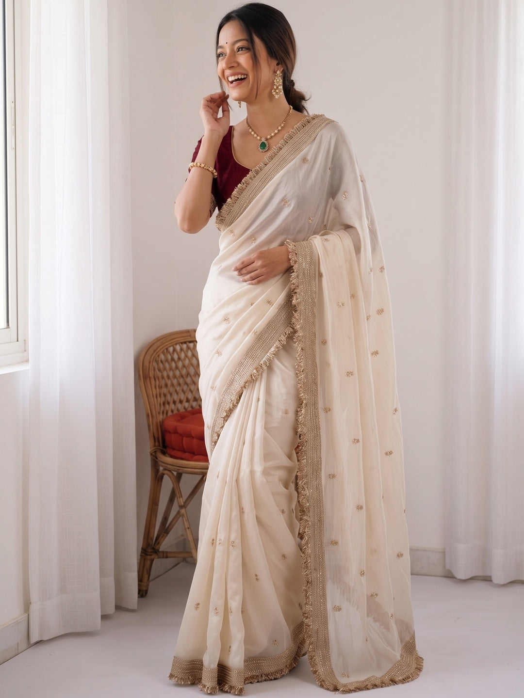 Peachmode Ivory Gold Buti Embellished Satin Saree - Image 5
