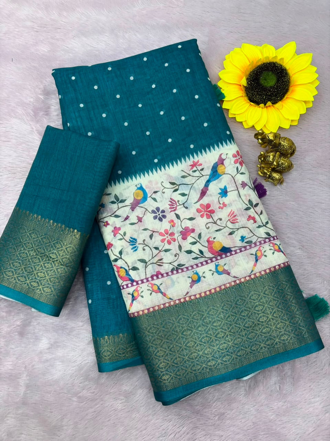 Peachmode Teal Kalamkari Print Linen Saree With Zari Patta - Image 2