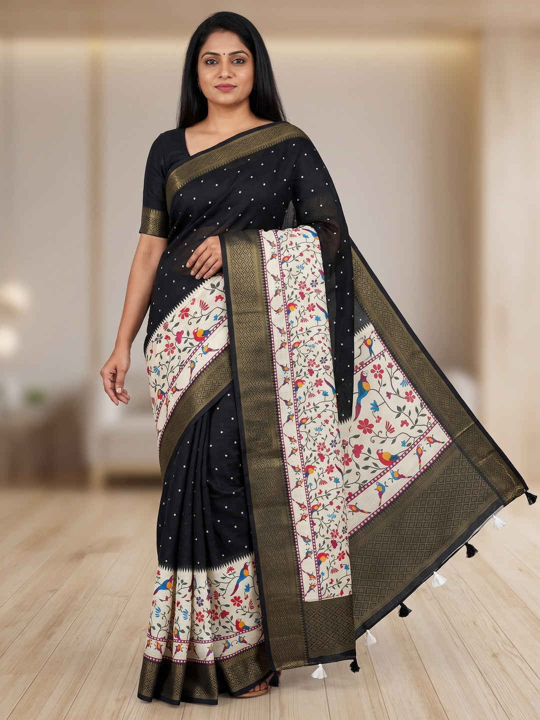 Peachmode Black Kalamkari Print Linen Saree With Zari Patta - Image 1