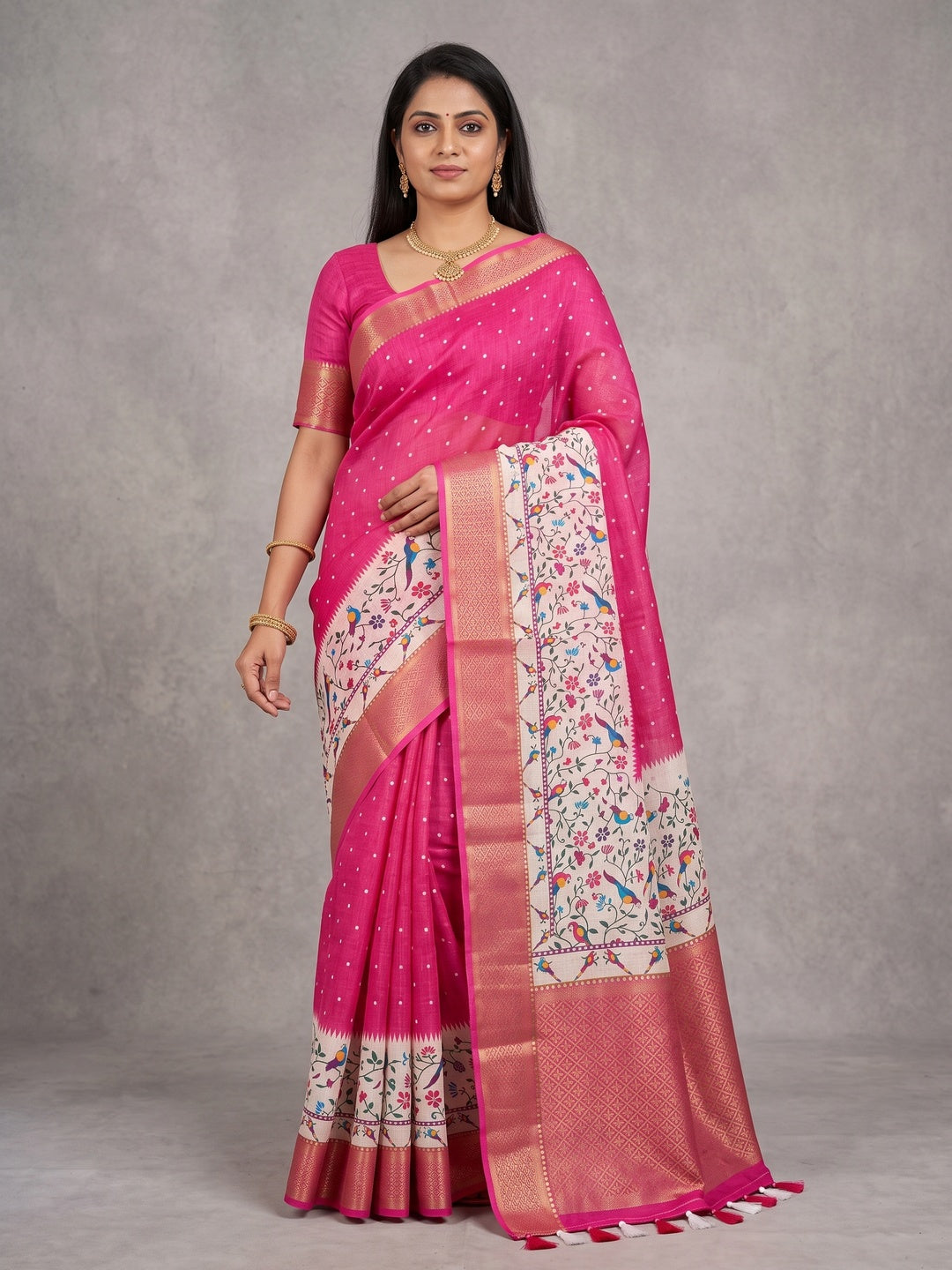 Peachmode Pink Kalamkari Print Linen Saree With Zari Patta - Image 1