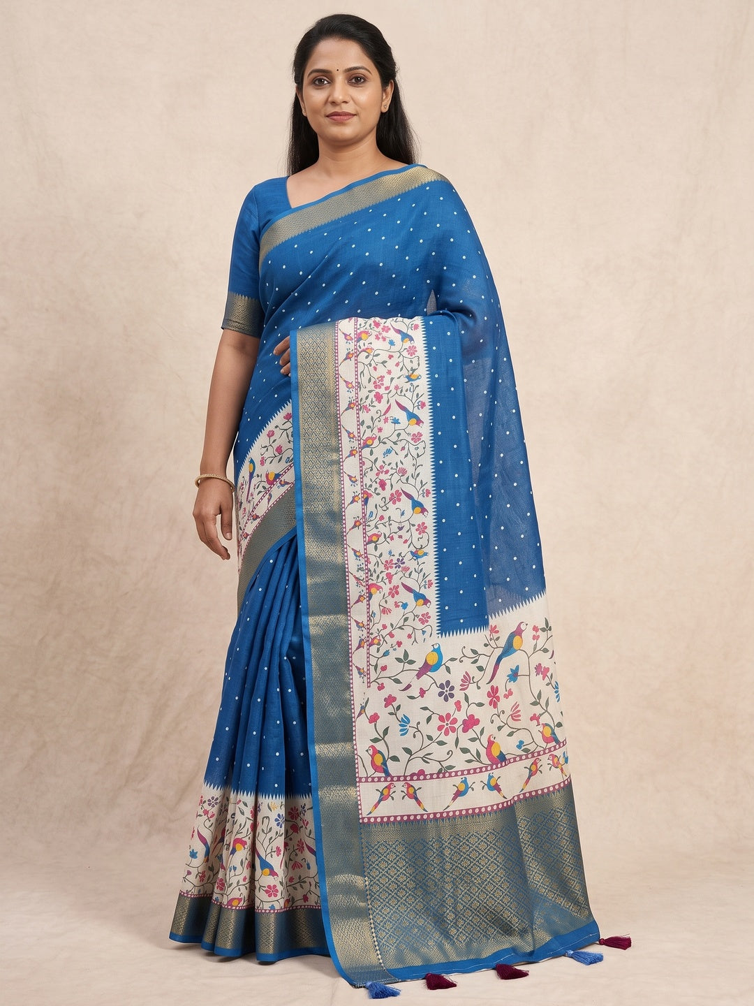 Peachmode Blue Kalamkari Print Linen Saree With Zari Patta - Image 1