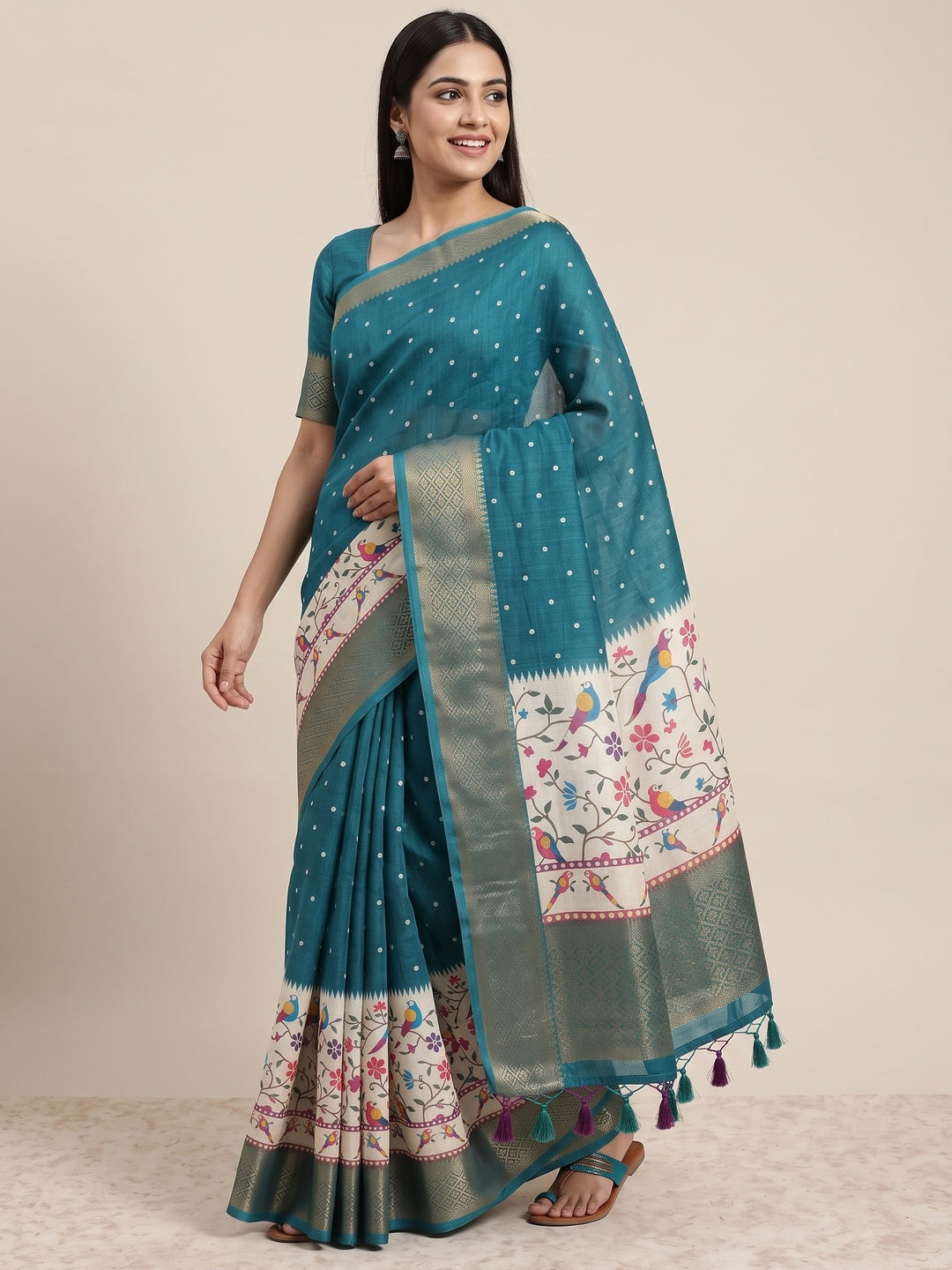 Peachmode Teal Kalamkari Print Linen Saree With Zari Patta - Image 5