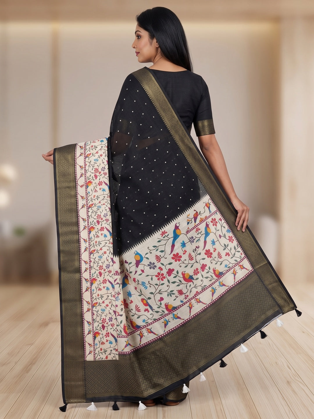 Peachmode Black Kalamkari Print Linen Saree With Zari Patta - Image 5
